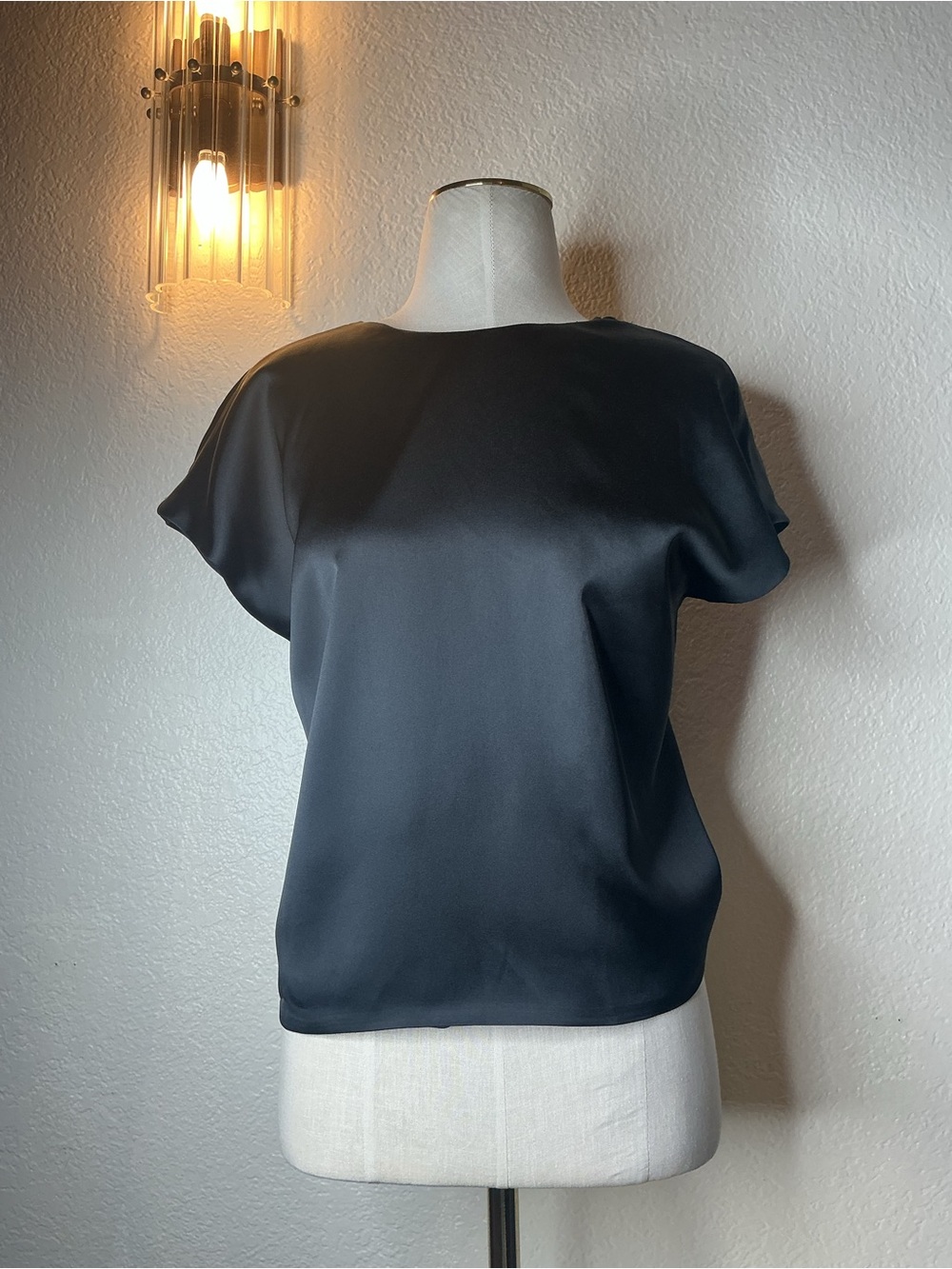 Zara Black Satin Short-Sleeve Crewneck Blouse